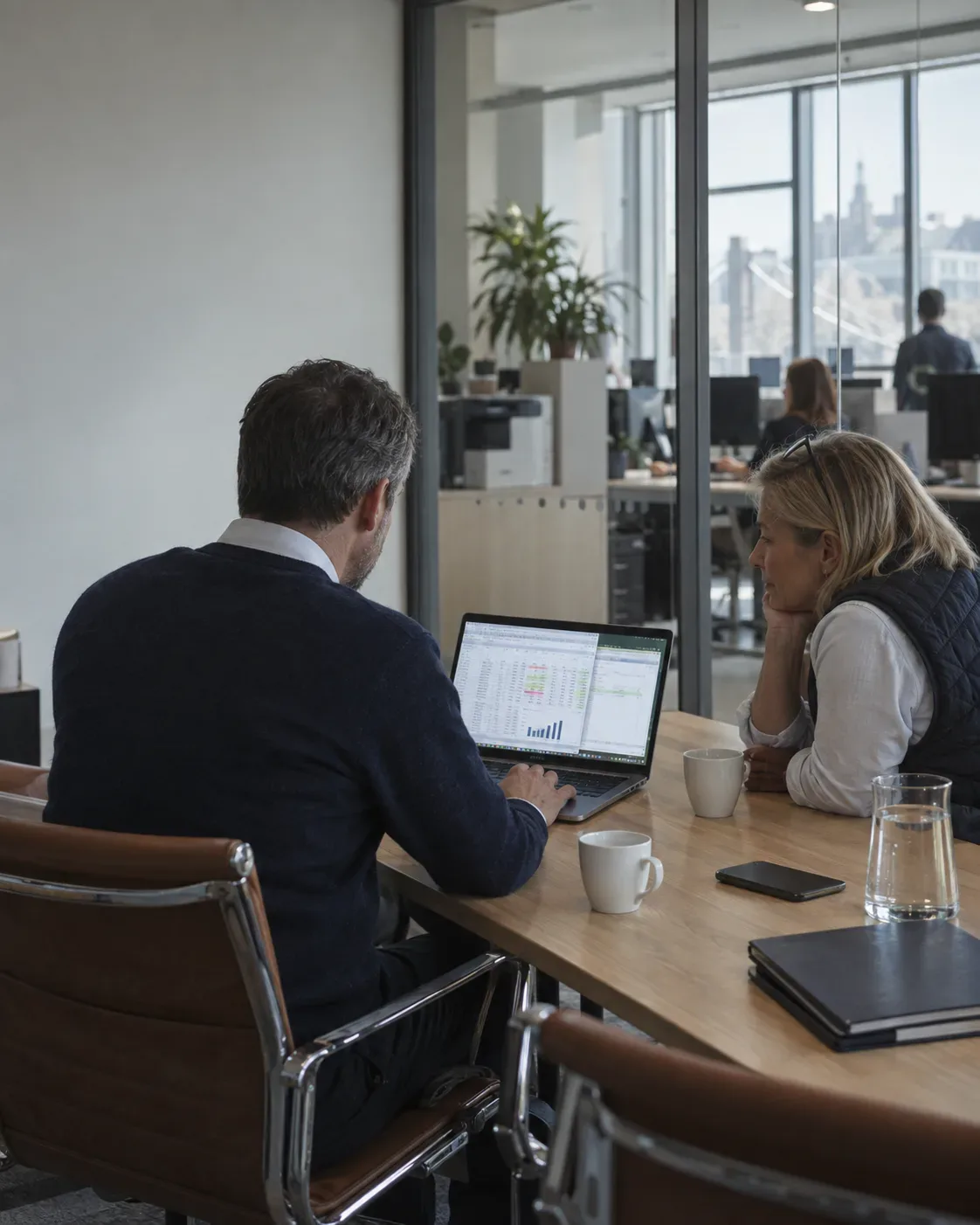 Two people reviewing a spreadsheet on a laptop in a meeting room