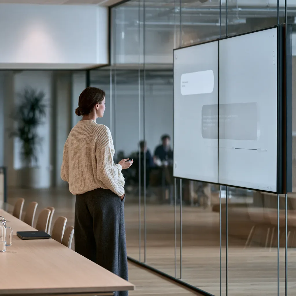 Woman in a glass meeting room looking at a chat interface on a wall screen