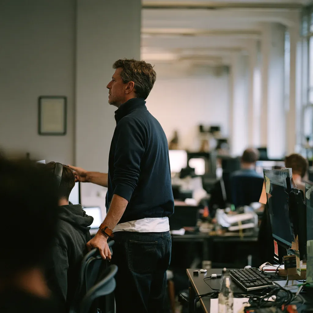 Founder standing beside a colleague in an open-plan software office
